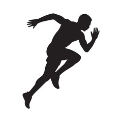 A black and white silhouette of a man running, dynamic pose, vector