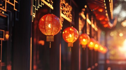 Warm, glowing lanterns illuminate a traditional Chinese building