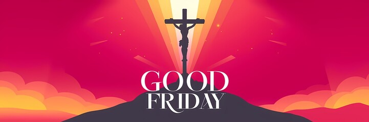 Silhouette of Jesus Christ crucified on a hill radiating golden divine light against a dramatic sky with bold GOOD FRIDAY text below symbolizing sacrifice redemption and solemn spiritual reflection