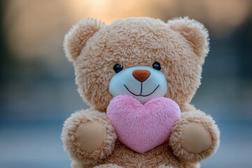 Adorable teddy bear holding a pink heart at sunset