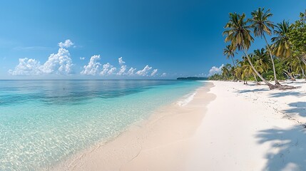 Pristine tropical beach paradise. Azure water meets pristine white sand, bordered by swaying palm trees under a clear blue sky, creating a serene tropical escape