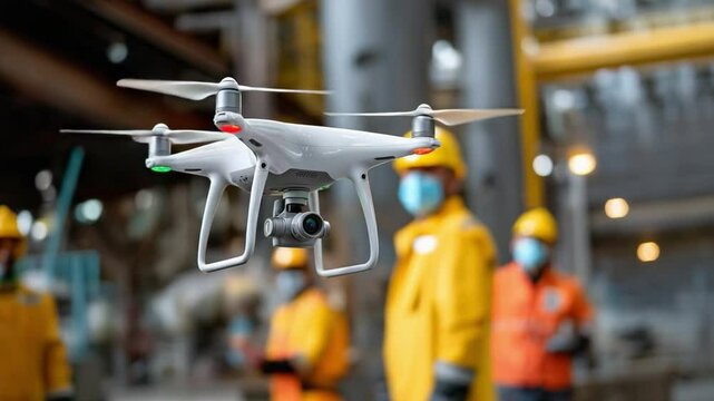 Aerial Surveillance: A drone hovers gracefully amidst an industrial setting, capturing an aerial perspective while essential workers stand in the backdrop, highlighting technology's role.