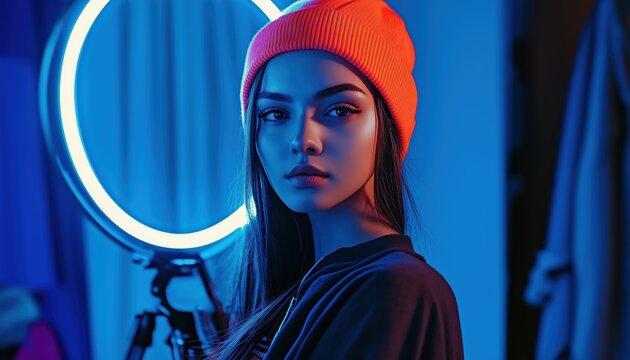 Fashion Vlogger Demonstrating Clothing With Ring Light And Smartphone In Indoor Setting.