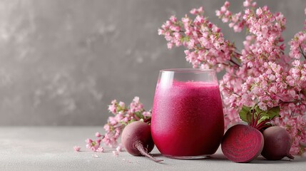Beetroot Smoothie with Fresh Beets - Healthy Breakfast or Detox Drink on Grey Background, Food Photography.