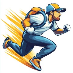 Runner in motion with backpack sprinting on an urban street during daytime