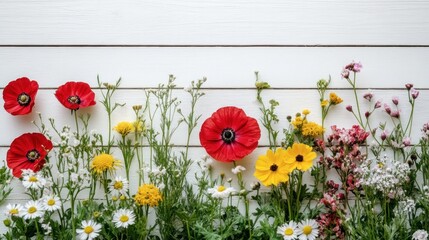 Colorful wildflowers arranged in a horizontal row on white wood planks.