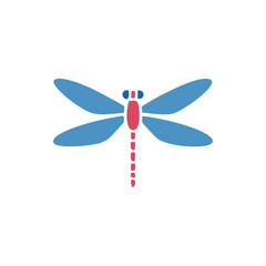 Minimalist flat dragonfly vector icon with blue wings and red body, ideal for nature, insect, logo, kids' book, and decorative design projects.