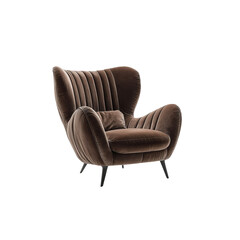 Fototapeta premium Luxurious Brown Velvet Armchair with Channel Tufting and Sleek Black Legs