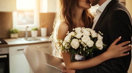 Romantic Couple's Kiss: White Roses, Sunlit Kitchen