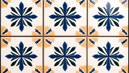 Six white, blue, and orange ceramic tiles with a floral pattern