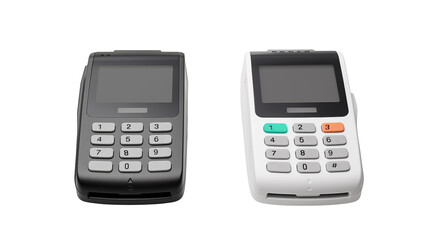 Two point of sale terminals one gray and one white  isolated on transparent background	