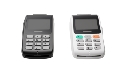 Two point of sale terminals one gray and one white  isolated on transparent background	