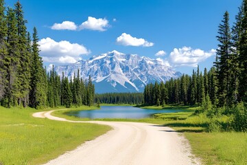 A winding dirt road leads to a serene lake nestled against a majestic snow-capped mountain range under a blue sky with fluffy white clouds