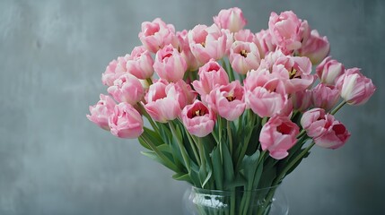 Obraz premium Large bouquet of pink tulips in glass vase against textured blue background, elegant floral arrangement for spring decoration, romantic celebration, greeting card, interior styling or floral poster