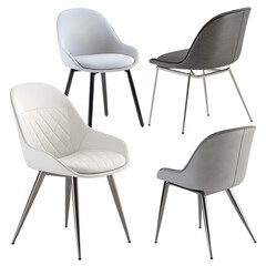 Four modern chairs with different colors and metallic legs, arranged in a square formation, minimalist design, isolated on transparent background