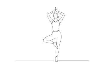 Tree pose yoga one-line art drawing. Woman doing tree pose yoga continuous outline vector