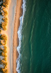 Aerial View of Coastal Landscape Golden Sands Meet Turquoise Ocean Waves