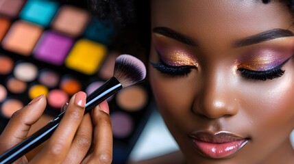 Beautiful woman applying makeup in a professional setting, featuring vibrant cosmetics and beauty tools, perfect for beauty tutorials, skincare ads, salon promotions, or cosmetics branding visuals


