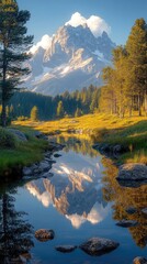 Obraz premium Mountain reflection in water surrounded by trees on a sunny day.