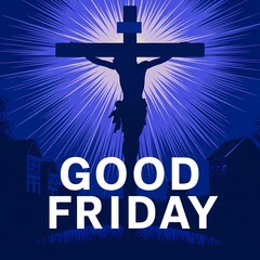 Silhouette of Jesus Christ crucified on a hill radiating golden divine light against a dramatic sky with bold GOOD FRIDAY text below symbolizing sacrifice redemption and solemn spiritual reflection