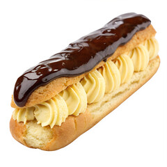 A long, golden choux pastry filled with vanilla cream and topped with glossy chocolate ganache, displayed on atransparent background