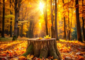Autumn Tree Stump Product Podium: Golden Forest Leaves Background - Rustic Fall Branding Photography