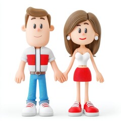 Delightful 3D Cartoon Couple Holding Hands With Jacket Blue Jeans and Red Skirt