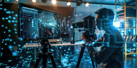 A photographer adjusts camera settings while an AI hologram offers tips on lighting and composition. The scene captures the synergy between human skill and AI guidance, highlighting the blend of