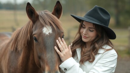 Fototapeta premium Woman in Hat Gently Cares for Brown Horse in Serene Landscape