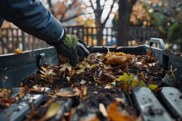 Person with gloves throwing food and yard scraps into a residential compost bin