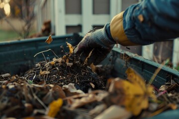 Person with gloves throwing food and yard scraps into a residential compost bin