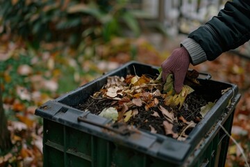 Person with gloves throwing food and yard scraps into a residential compost bin