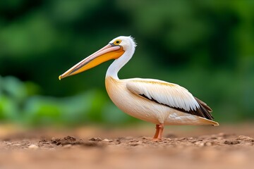 White pelican with a yellow beak standing on a brown ground with a green blurred background
