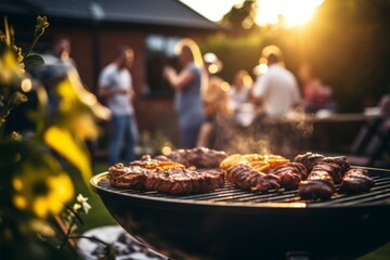 photo of a barbecue party in the backyard of house with sharp focus on the meat