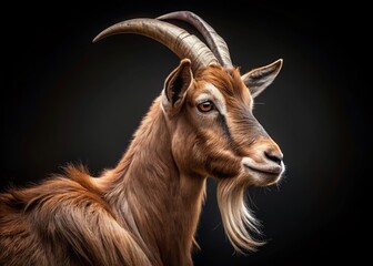 Beautiful Brown Goat Side Profile, Isolated on Black Background - Stock Photo