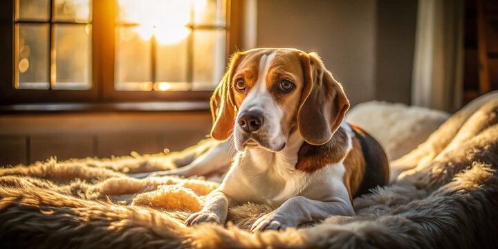 Beagle Dog Napping on Blanket in Sunlit Window - Low Light Photography