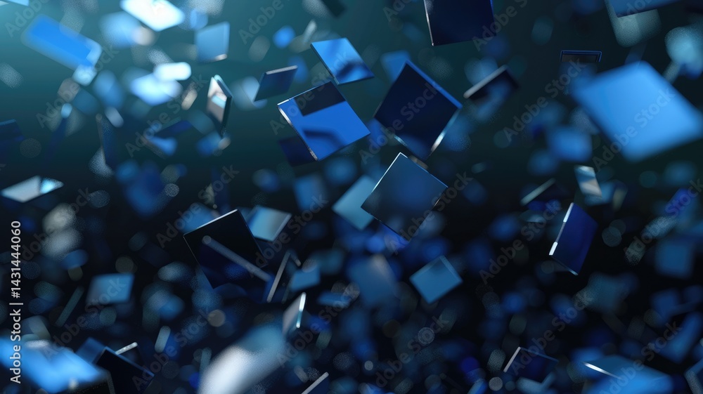 Poster abstract floating blue cubes in digital space. digital art for design and print. digital artwork of 
