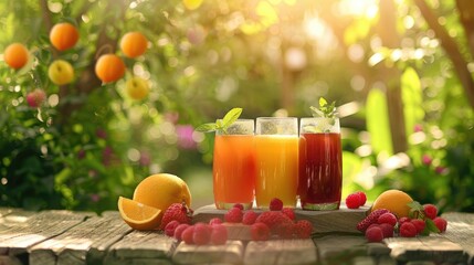 Fototapeta premium The picture of the multiple cup of juice is placing around on the table surrounded with nature and forest, the juice is liquid that is naturally extracted from fruits or vegetables for drink. AIG51.