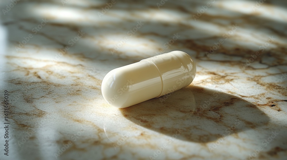 Poster close-up of a white capsule resting on a marble surface with soft lighting creating gentle shadows
