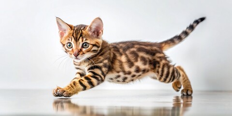 Bengal Kitten Running, Sprinting, Isolated White Background - Adorable Feline Speed
