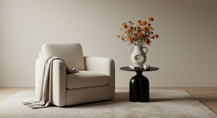 Armchair with throw blanket and vase of flowers on a side table.