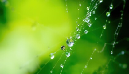 Nature Close-up Dew Drops on Spider Web Lush Green Environment Macro Photography Tranquil Scene