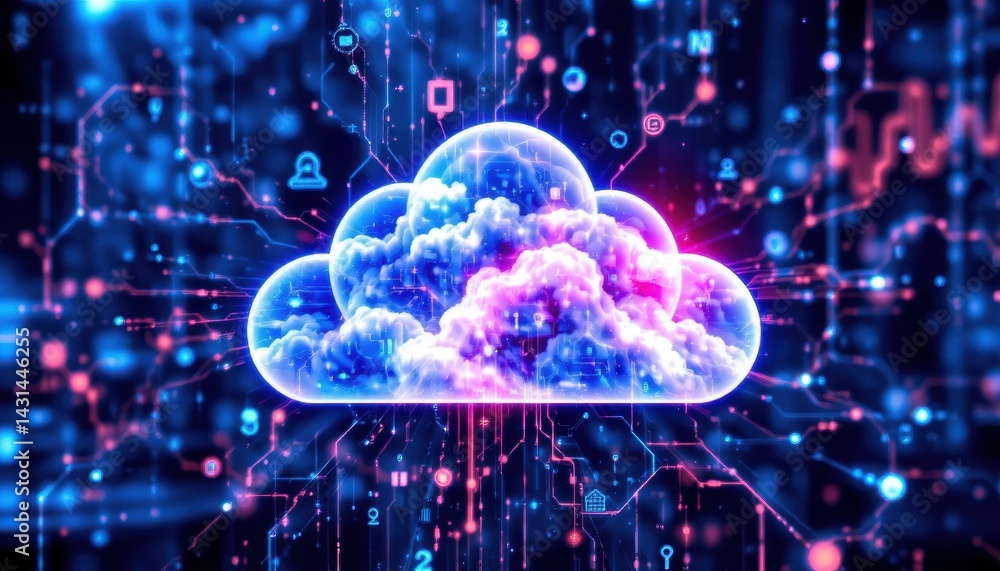 Poster cloud computing technology advances digital world visual representation futuristic environment abstr