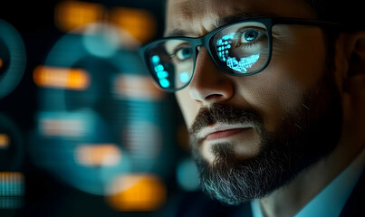 Close-up of a focused professional analyzing data on digital screens in a modern office environment
