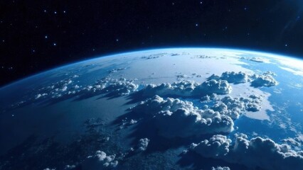 Realistic photo of Earth from space, showcasing the planet's blue atmosphere and cloud formations against the dark backdrop of space. Concept of planet Earth and space exploration
