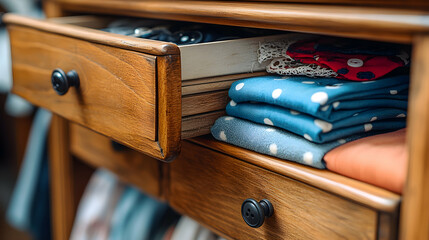 Wooden Chest of Drawers with Folded Clothes