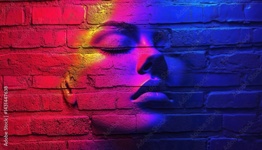 Poster neon light rays illuminating a neon brick wall in an empty scene: a vibrant and unique display of li