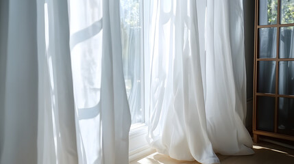 White curtains are blowing in the wind. Generated using AI.