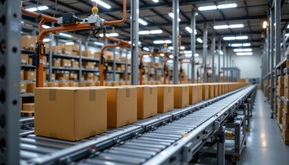 Fototapeta premium Aerial Perspective on Warehouse Automation and Efficient Packaging Processes in Industrial Logistics Management