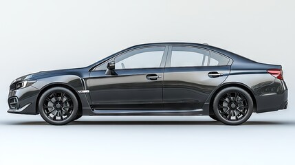Dark sedan car parked on a light surface side view studio shot.